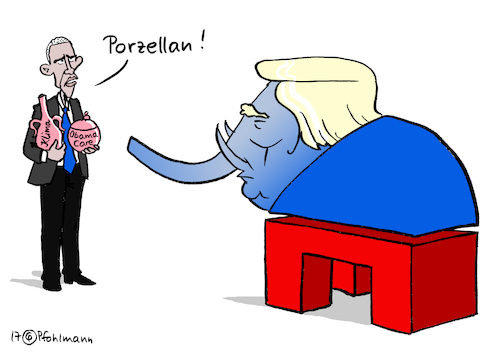 Cartoon: US-Porzellan (medium) by Pfohlmann tagged karikatur,cartoon,2017,color,farbe,usa,global,trump,obama,porzellan,care,krankenversicherung,klima,klimapolitik,elefant,republikaner,präsident,übergabe,verabschiedung,abschied,karikatur,cartoon,2017,color,farbe,usa,global,trump,obama,porzellan,care,krankenversicherung,klima,klimapolitik,elefant,republikaner,präsident,übergabe,verabschiedung,abschied