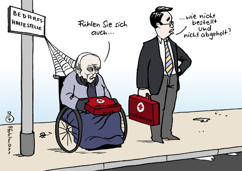 Cartoon: Verschmähte Hilfe (medium) by Pfohlmann tagged karikatur,color,farbe,2012,griechenland,schäuble,rösler,hilfe,hilfsangebot,finanzbehörden,finanzverwaltung,finanzämter,finanzamt,behörden,struktur,effizienz,bestellt,abgeholt,verschmäht,haltestelle,bedarfshaltestelle,2012,griechenland,schäuble,rösler,hilfe,hilfsangebot,finanzbehörden,finanzverwaltung