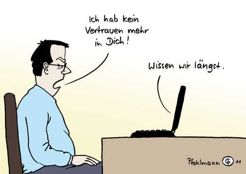 Cartoon: Vertrauenskrise (medium) by Pfohlmann tagged karikatur,sw,2011,deutschland,datenschutz,trojaner,vertrauen,lauschangriff,pc,computer,maus,computermaus,software,ausspähen,programm,computerprogramm,bundesbehörden,bka,bundeskriminalamt,deutschland,datenschutz,trojaner,troja,bundestrojaner,ccc chaos computer club,internet,online,passwort,bka,lka,spionage,ccc,chaos,computer,club