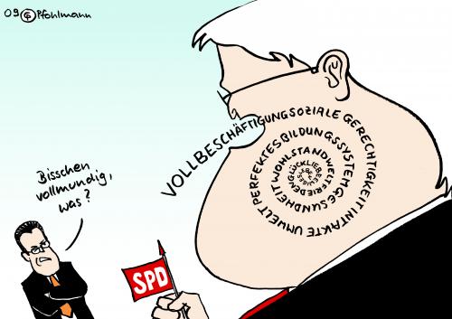 Cartoon: vollmundig (medium) by Pfohlmann tagged steinmeier,kanzlerkandidat,spd,wahlkampf,bundestagswahl,wahlversprechen,vollbeschäftigung,zu,guttenberg,frank walter steinmeier,kanzler,kanzlerkandidat,spd,wahlkampf,wahl,wahlen,bundestagswahl,wahlversprechen,vollbeschäftigung,guttenberg,frank,walter,steinmeier