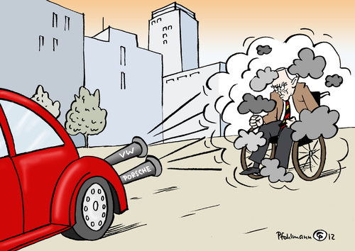 Cartoon: VW-Auspuff (medium) by Pfohlmann tagged karikatur,color,farbe,2012,deutschland,vw,porsche,übernahme,fusion,auspuff,steuer,steuerersparnis,steuerzahlung,schäuble,finanzminister,abgas,abgase,steuerausfall,umstrukturierung,zusammenschluss,kauf,2012,deutschland,vw,porsche,übernahme,auspuff,fusion,steuerzahlung