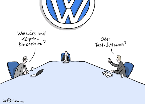 Cartoon: VWs Beitrag zur Krise (medium) by Pfohlmann tagged 2020,corona,pandemie,coronavirus,covid19,vw,wirtschaft,autoindustrie,software,tests,produktion,schummelsoftware,betrug,rezession,karosserie,umstellung,krise,2020,corona,pandemie,coronavirus,covid19,vw,wirtschaft,autoindustrie,software,tests,produktion,schummelsoftware,betrug,rezession,karosserie,umstellung,krise