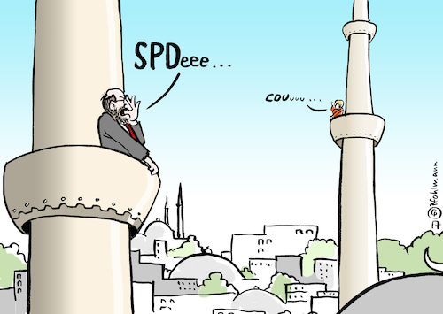 Cartoon: Wahlkampf umgekehrt (medium) by Pfohlmann tagged karikatur,cartoon,2017,color,farbe,deutschland,türkei,wahlkampf,auftritt,wahlkampfauftritt,verbot,justizminister,ankara,minarett,muezzin,bundestagswahl,schulz,merkel,spd,cdu,rufe,gaggenau,köln,erdogan,referendum,volksabstimmung,auslandstürken,präsidialdem,karikatur,cartoon,2017,color,farbe,deutschland,türkei,wahlkampf,auftritt,wahlkampfauftritt,verbot,justizminister,istanbul,minarett,muezzin,bundestagswahl,schulz,merkel,spd,cdu,rufe,gaggenau,köln,erdogan,referendum,volksabstimmung,auslandstürken,präsidialdemokratie