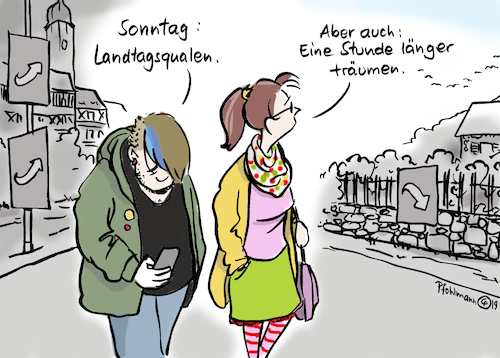 Cartoon: Wahlsonntag (medium) by Pfohlmann tagged 2019,thüringen,landtagswahl,rechtsruck,zeitumstellung,afd,2019,thüringen,landtagswahl,rechtsruck,zeitumstellung,afd