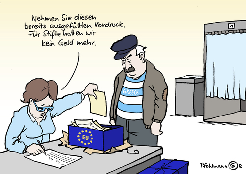 Cartoon: Wahlvordruck (medium) by Pfohlmann tagged karikatur,color,farbe,2012,griechenland,wahl,eu,europa,schuldenkrise,vordruck,wahlkabine,urne,wahlurne,wahlzettel,stimmzettel,wahlen,parlamentswahlen,parlament,2012,griechenland,eu,wahl,europa,schuldenkrise,wahlkabine