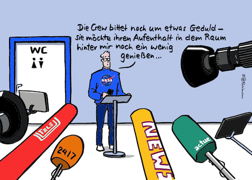 Cartoon: WC-Genuss (medium) by Pfohlmann tagged nasa,astronauten,crew,pressesprecher,interview,presse,medien,tv,fernsehen,zeitungen,internet,landung,mondmission,artemis,klo,toilette,wc,panne,technologie,raumfahrt,körperhygiene,erde,nasa,astronauten,crew,pressesprecher,interview,presse,medien,tv,fernsehen,zeitungen,internet,landung,mondmission,artemis,klo,toilette,wc,panne,technologie,raumfahrt,körperhygiene,erde