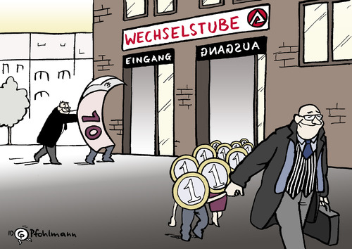 Cartoon: Wechselstube (medium) by Pfohlmann tagged arbeitsagentur,jobcenter,ein,euro,job,jobber,langzeitarbeitsloser,langzeitarbeitslosigkeit,arbeitslosigkeit,hartz,iv,wechselstube,kleingeld,arbeitgeber,arbeitnehmer,ausbeutung,arbeitsagentur,jobcenter,jobber,langzeitarbeitsloser,langzeitarbeitslosigkeit,arbeitslosigkeit,hartz,wechselstube,kleingeld,arbeitgeber,arbeitnehmer,ausbeutung,arbeit,job,beruf