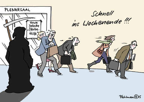 Cartoon: Weg vom Thema (medium) by Pfohlmann tagged karikatur,cartoon,2015,color,farbe,deutschland,sterbehilfe,bundestag,abstimmung,debatte,tod,tabu,wochenende,parlamentarier,abgeordnete,abreise,sensenmann,neuregelung,gesetz,gesetzentwurf,plenarsaal,beihilfe,suizid,gewissen,karikatur,cartoon,2015,color,farbe,deutschland,sterbehilfe,bundestag,abstimmung,debatte,tod,tabu,wochenende,parlamentarier,abgeordnete,abreise,sensenmann,neuregelung,gesetz,gesetzentwurf,plenarsaal,beihilfe,suizid,gewissen