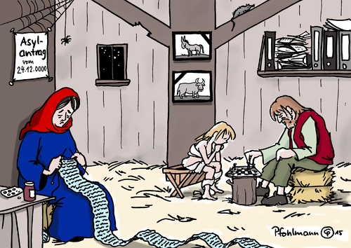 Cartoon: Weihnachten im Erstaufnahmelager (medium) by Pfohlmann tagged karikatur,cartoon,2015,color,farbe,deutschland,global,weihnachten,flucht,flüchtlinge,erstaufnahmelager,asyl,asylantrag,bearbeitung,wartezeit,bürokratie,krippe,weihnachtskrippe,heilige,familie,jesus,maria,josef,stall,heilig,abend,bamf,karikatur,cartoon,2015,color,farbe,deutschland,global,weihnachten,flucht,flüchtlinge,erstaufnahmelager,asyl,asylantrag,bearbeitung,wartezeit,bürokratie,krippe,weihnachtskrippe,heilige,familie,jesus,maria,josef,stall,heilig,abend,bamf