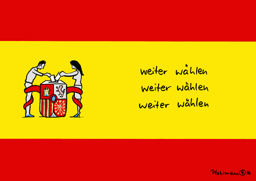 Cartoon: Weiter wählen (medium) by Pfohlmann tagged karikatur,cartoon,2016,color,farbe,parlamentswahlen,spanien,neuwahl,regierungspartner,wahl,wahlen,wählen,regierungsbildung,mehrheit,weiter,wappen,flagge,fahne,koalitionen,wahlsieger,mehrheitsverhältnisse,ergebnis,wahlergebnis,urne,wähler,karikatur,cartoon,2016,color,farbe,parlamentswahlen,spanien,neuwahl,regierungspartner,wahl,wahlen,wählen,regierungsbildung,mehrheit,weiter,wappen,flagge,fahne,koalitionen,wahlsieger,mehrheitsverhältnisse,ergebnis,wahlergebnis,urne,wähler