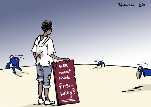 Cartoon: Wer nimmt mich? (medium) by Pfohlmann tagged karikatur,cartoon,2015,color,farbe,global,welt,eu,europa,flüchtlinge,asyl,freiwilligkeit,freiwillig,quote,aufnahmeländer,griechenland,italien,solidarität,gerecht,aufteilung,flüchtling,migration,immigration,einwanderung,karikatur,cartoon,2015,color,farbe,global,welt,eu,europa,flüchtlinge,asyl,freiwilligkeit,freiwillig,quote,aufnahmeländer,griechenland,italien,solidarität,gerecht,aufteilung,flüchtling,migration,immigration,einwanderung