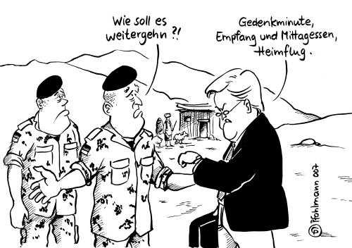 Cartoon: Wie weiter (medium) by Pfohlmann tagged afghanistan,bundeswehr,isaf,steinmeier,,frank,steinmeier,afghanistan,bundeswehr,isaf,truppen,schutztruppen,nato,frage,soldaten,sicherheit,gedenkminute,empfang,mittagessen,heimflug,antwort,zeit,ungeduld,plan,planmäßig,taktlos,taktvoll,unterstützung