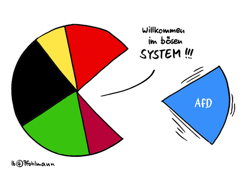 Cartoon: Willkommen im System (medium) by Pfohlmann tagged karikatur,cartoon,2016,color,deutschland,afd,alternative,für,wahlen,landtagswahlen,rheinland,pfalz,sachsen,anhalt,baden,württemberg,wahlsieger,gewinner,kuchendiagramm,system,systemparteien,demokratie,neuling,einzug,parlament,karikatur,cartoon,2016,color,deutschland,afd,alternative,für,wahlen,landtagswahlen,rheinland,pfalz,sachsen,anhalt,baden,württemberg,wahlsieger,gewinner,kuchendiagramm,system,systemparteien,demokratie,neuling,einzug,parlament