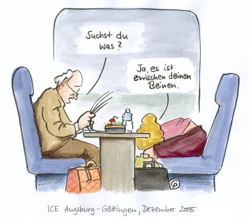 Cartoon: wirklich erlebt (medium) by Pfohlmann tagged ice,zug,db,reise,ice,zug,db,reise,bahn,bahnfahren,zugfahren,fensterplatz,fenster,abteil,suchen,finden,beine,zwischen,bücken,paar,reisen,vereisen,mann,frau