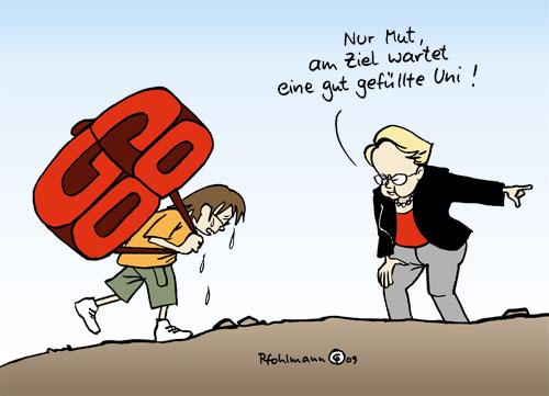 Cartoon: Ziel Universität (medium) by Pfohlmann tagged bildung,bildungspolitik,bildungsministerin,annette,schavan,g8,uni,universität,bildungsstreik,protest,demonstration,schüler,studenten,schulsystem,bildungssystem,reform