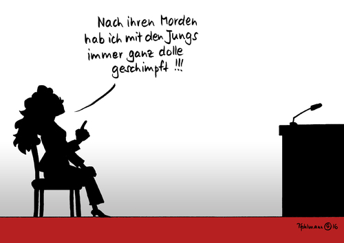 Cartoon: Zschäpe sagt aus (medium) by Pfohlmann tagged karikatur,cartoon,2016,color,farbe,deutschland,nsu,prozess,aussage,zschäpe,angeklagte,anklage,morde,rechtsterrorismus,rechtsextrem,terroristen,terror,ausländer,gericht,rechtsextremismus,karikatur,cartoon,2016,color,farbe,deutschland,nsu,prozess,aussage,zschäpe,angeklagte,anklage,morde,rechtsterrorismus,rechtsextrem,terroristen,terror,ausländer,gericht,rechtsextremismus