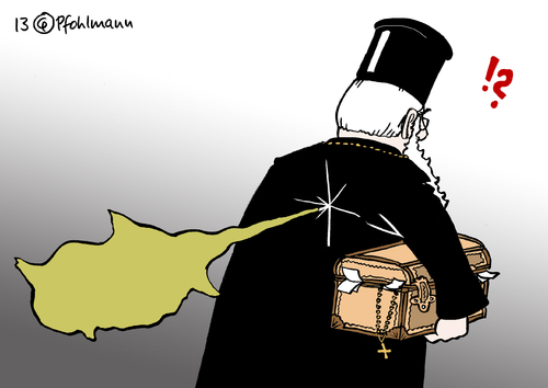 Cartoon: Zypern Kirchgeld (medium) by Pfohlmann tagged karikatur,cartoon,color,farbe,2013,zypern,kirche,orthodox,orthodoxe,hilfe,schatzkiste,vermögen,geld,eu,europa,euro,eurokrise,schuldenkrise,staatspleite,bischof,priester,karikatur,cartoon,color,farbe,2013,zypern,kirche,orthodox,orthodoxe,hilfe,schatzkiste,vermögen,geld,eu,europa,euro,eurokrise,schuldenkrise,staatspleite,bischof,priester