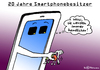 Cartoon: 20 Jahre Smartphone (small) by Pfohlmann tagged karikatur,cartoon,2016,color,farbe,global,welt,smartphone,jubiläum,technik,erfindung,iphone,handy,verbreitung,fortschritt,konsum,abhängigkeit,hype,besitzer,abhängig,handlich,apps,funktionen,smombie