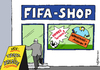 Cartoon: FIFA-Shop (small) by Pfohlmann tagged karikatur,cartoon,2015,color,farbe,international,global,fifa,wm,korruption,ermittlungen,fußball,verband,weltverband,weltmeisterschaft,verhaftungen,bestechung,vergabe,blatter,turniere,schmiergelder,arenen,stadien,kredit,irland,trost,handspiel