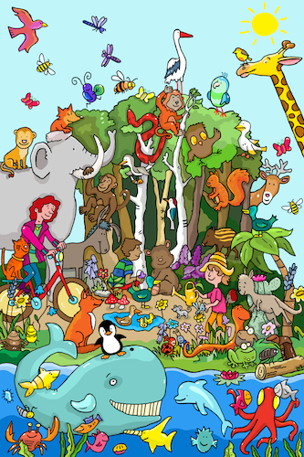 Cartoon: Artenvielfalt Wimmelbild (medium) by sabine voigt tagged biodiversität,artenvielfalt,artensterben,ökologie,umwelt,wald,umweltverschmutzung,nahrungskette,biologie,arten,tiere,umweltzerstörung,windkraft,biodiesel,strom,umweltschutz