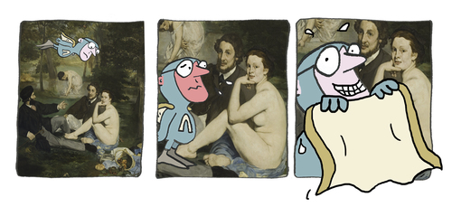 Cartoon: artman manet (medium) by sabine voigt tagged kunst,manet,superheld,supermann,nackt,verklemmt,schüchtern,kunstwerk,impressionisten,museum