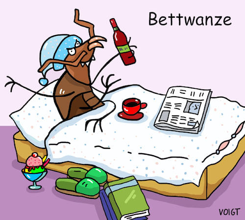 Cartoon: Bettwanze wanze (medium) by sabine voigt tagged bettwanze,wanze,schädling,chemie,kammerjäger,reisen,hygiene,bett,insekten,natur,tiere,ökologie,naturschutz,biotop,artenvielfalt,umweltschutz,prävention,gesundheit