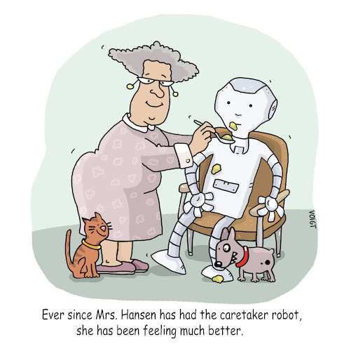 Cartoon: care robot (medium) by sabine voigt tagged pflegeroboter,pflege,oma,seniorin,pflegedienst,roboter,haushaltshilfe,medizin,pflegeheim,technologie,forschung,internet,computer,überalterung,essen,auf,rädern,alter