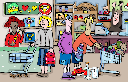Cartoon: Einkaufen shopping (medium) by sabine voigt tagged einkaufen,shopping,shop,einkauf,geschäft,becker,juwelier,laden,einkaufswagen,geld