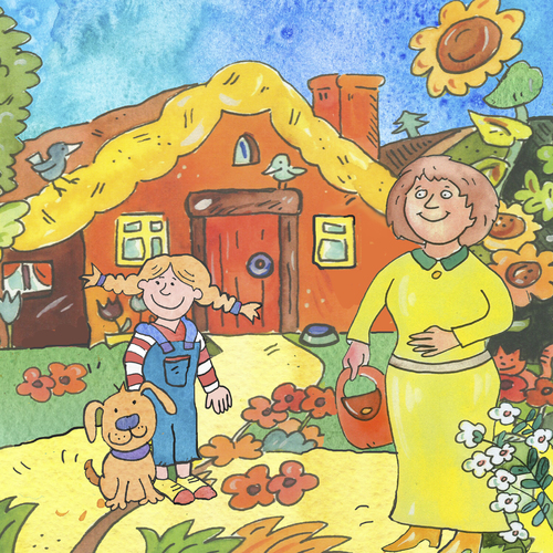 Cartoon: Familie Mutter kind (medium) by sabine voigt tagged familie,mutter,kind,garten,erziehung,kleinkind,freizeit,haustier,blumen