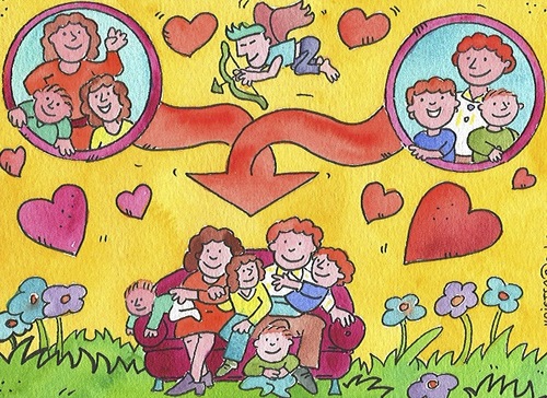 Cartoon: familie Scheidung (medium) by sabine voigt tagged familie,scheidung,patchwork,ehe,eltern,stiefmutter,stiefvater,adoption,kinder,trennung