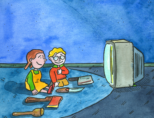 Cartoon: fernsehen Erziehung (medium) by sabine voigt tagged fernsehen,erziehung,tv,kinder,medien,unterhaltung,kleinkind,kindergarten,grundschule,schule,gewalt,angst,seien,konsum