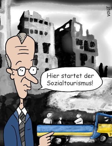 Cartoon: Friedrich Merz Sozialtourismus (medium) by sabine voigt tagged merz,sozialtourismus,politik,cdu,parteien,krieg,ukraine,russland,putin,deutschland,flüchtlinge,flucht,armut,tod