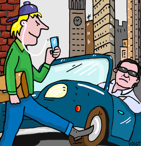 Cartoon: handy mobile phone (medium) by sabine voigt tagged handy,mobile,phone,sucht,verkehr,unfall,gefahr,aufmerksamkeit,unachtsamkeit,telefonieren,straße,auto,konzentration,kopfhörer