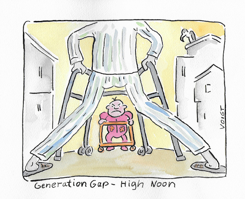 Cartoon: high noon (medium) by sabine voigt tagged generationen,generation,gap,alt,jung,technologie,renten,rentenvertrag,erbe,klimawandel,umweltzerstörung,high,noon,senioren,enkel,steuern,boomer,duell,generationen,generation,gap,alt,jung,technologie,renten,rentenvertrag,erbe,klimawandel,umweltzerstörung,high,noon,senioren,enkel,steuern,boomer,duell