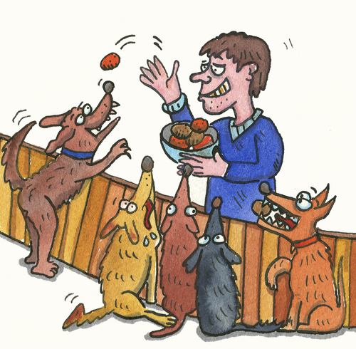Cartoon: hund füttern (medium) by sabine voigt tagged hund,füttern,hunde,essen,zaun,nachbar