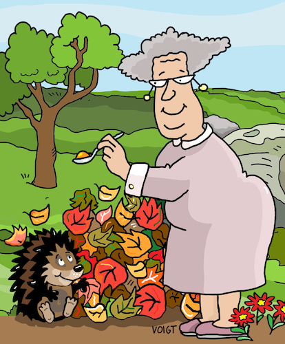 Cartoon: Igel füttern (medium) by sabine voigt tagged igel,füttern,futter,herbst,überwintern,winter,naturschutz,laub,natur,tier