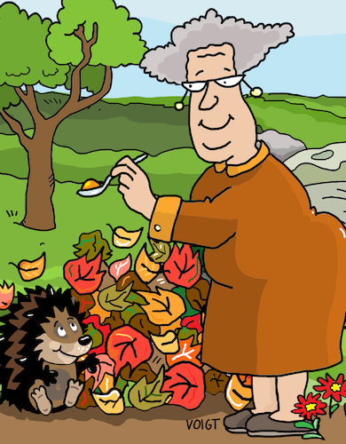 Cartoon: Igel Füttern (medium) by sabine voigt tagged igel,herbst,füttern,wildtier,aufgabe,natur,pflege,oma,pflegedienst,seniorin,haushaltshilfe,medizin,pflegeheim,überalterung,essen,alter,senioren