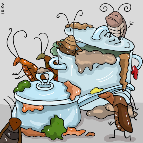 Cartoon: Kakerlaken Insekten (medium) by sabine voigt tagged kakerlaken,insekten,schmutz,verwahrlosung,küche,ddreck,hygiene,gesundheit,gesundheitsamt,schädlinge,kammerjäger,ungeziefer