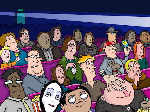 Cartoon: Kino Familie (medium) by sabine voigt tagged kino,adams,family,horror,film,freizeit,gruseln,halloween,familie,oma,opa,löwe,hand,popkorn