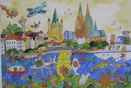 Cartoon: köln rhein (medium) by sabine voigt tagged köln,rhein,dom,boote,fluss,kölsch