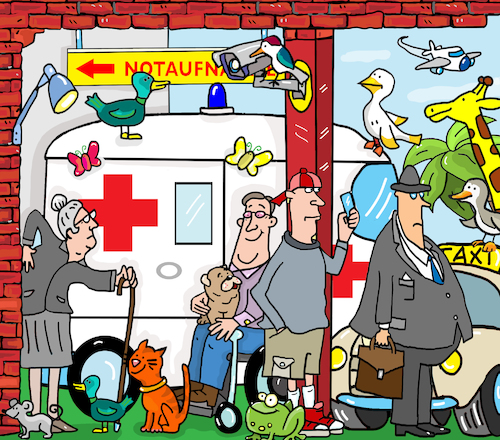 Cartoon: Krankenhaus Notaufnahme (medium) by sabine voigt tagged wimmelbild,krankenhaus,hospital,kinderkrankenhaus,geburt,baby,krank,gesund,therapie,operation,clown,notaufnahme,unfall,anmeldung,gips,rollstuhl,geriatrie,op,radiologie,patient,krankenkasse