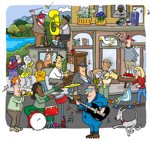 Cartoon: music wimmelbild (medium) by sabine voigt tagged musik,jazz,montreux,rapp,comic,straßenmusik,corona,kreise,neustart,freizeit,impfen,ausgangssperre,schlagzeug,trompete,bass,piano,gesang,pop,saxophon,gemeinschaft,party