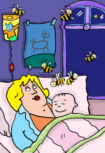 Cartoon: Mutter und Baby Wespen (medium) by sabine voigt tagged mutter,baby,wespen,schlafen,bienen,insekten,kind,krankenhaus