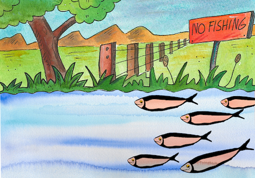Cartoon: no fishing (medium) by sabine voigt tagged fischerei,angeln,verbot,sport,see,wasser,fische