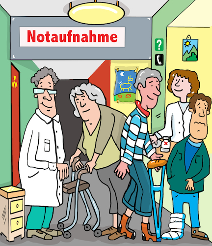 Cartoon: Notaufnahme Krankenhaus (medium) by sabine voigt tagged wimmelbild,krankenhaus,hospital,kinderkrankenhaus,geburt,baby,krank,gesund,therapie,operation,clown,notaufnahme,unfall,anmeldung,gips,rollstuhl,geriatrie,op,radiologie,patient,krankenkasse