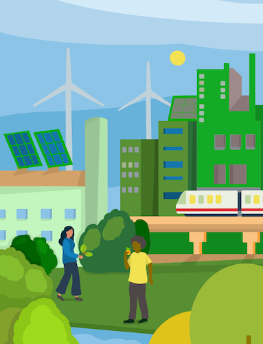 Cartoon: ökologie Wirtschaft (medium) by sabine voigt tagged umwelt,ökologie,energie,wirtschaft,grün,elektro,nachhaltigkeit,natur,klima,klimaschutz,sonnenenergie,strom,sonnenkollektoren,photovoltaik