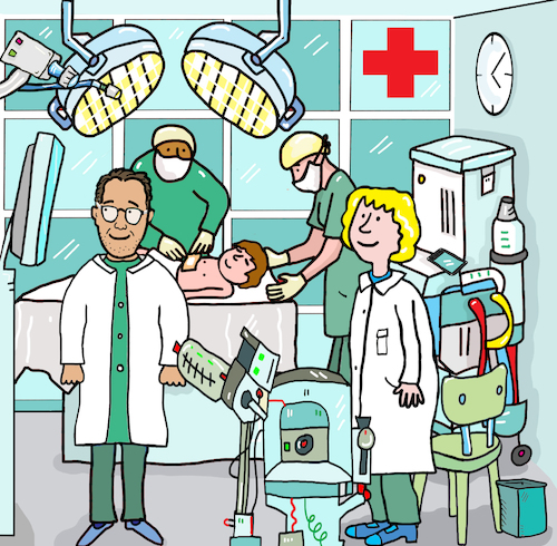 Cartoon: Operation Krankenhaus (medium) by sabine voigt tagged wimmelbild,krankenhaus,hospital,kinderkrankenhaus,geburt,baby,krank,gesund,therapie,operation,clown,notaufnahme,unfall,anmeldung,gips,rollstuhl,geriatrie,op,radiologie,patient,krankenkasse