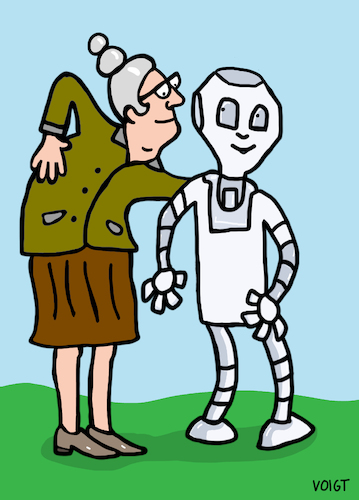 Cartoon: Pflegeroboter (medium) by sabine voigt tagged pflegeroboter,pflege,oma,seniorin,pflegedienst,roboter,haushaltshilfe,medizin,pflegeheim,technologie,forschung,internet,computer,überalterung,essen,auf,rädern,alter,senioren