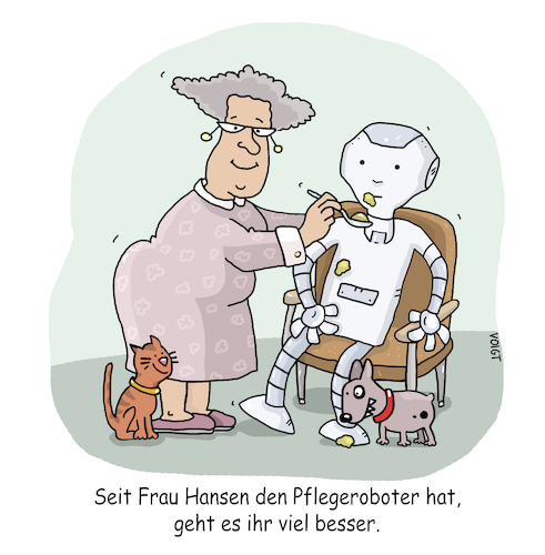 Cartoon: Pflegeroboter  Pfleg (medium) by sabine voigt tagged pflegeroboter,pflege,oma,seniorin,pflegedienst,roboter,haushaltshilfe,medizin,pflegeheim,technologie,forschung,internet,computer,überalterung,essen,auf,rädern,alter