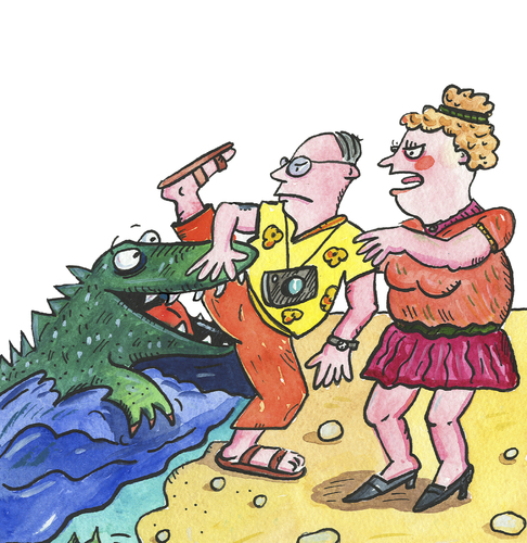 Cartoon: reise Abenteuer (medium) by sabine voigt tagged reise,abenteuer,versicherung,gefahr,urlaub,ehe,paar,amazonas,krokodil,aligator
